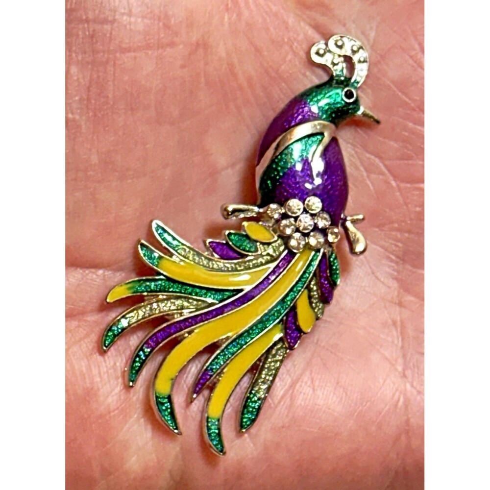 Vintage Peacock Bird Brooch Pin Multicolor Enamel Rhinestone Silver Tone